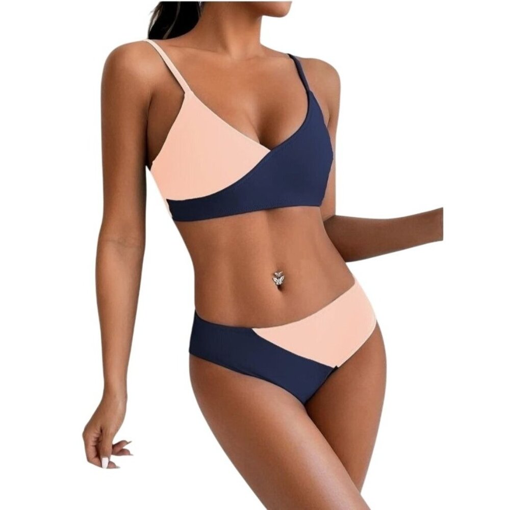 Womens Bikini Set Navy & Peach XXL Stylish Swimwear High-Waisted Bottoms Beach